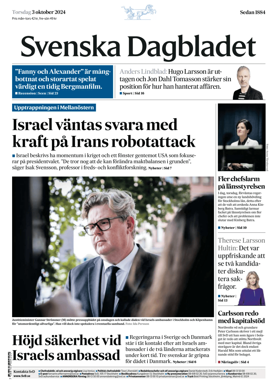 Prima-pagina-Svenska Dagbladet-edizione-di-oggi-20241003